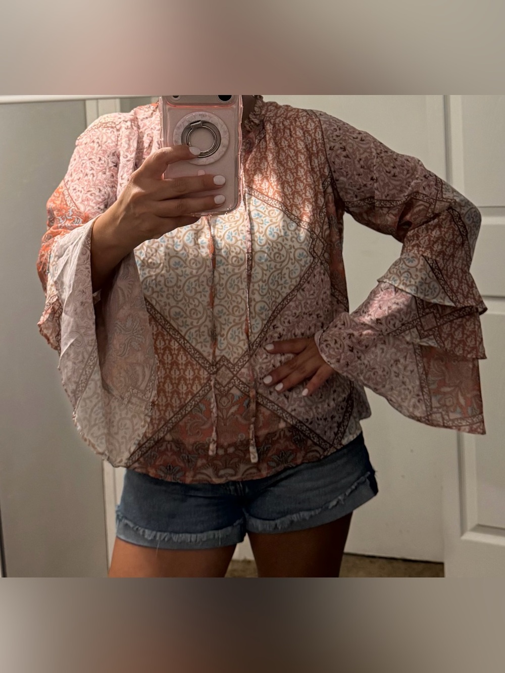 Pink Lily Dusty Rose Printed Boho Bell-Sleeve Blouse with long sleeve ruffles